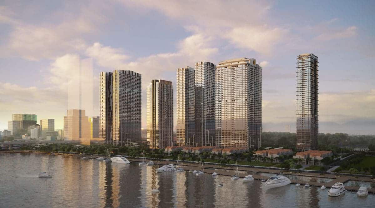 Phối cảnh khu phức hợp hàng hiệu chuẩn Marriott - Grand Marina, Saigon tại lõi trung tâm quận 1, TP HCM ven bờ sông Sài Gòn.