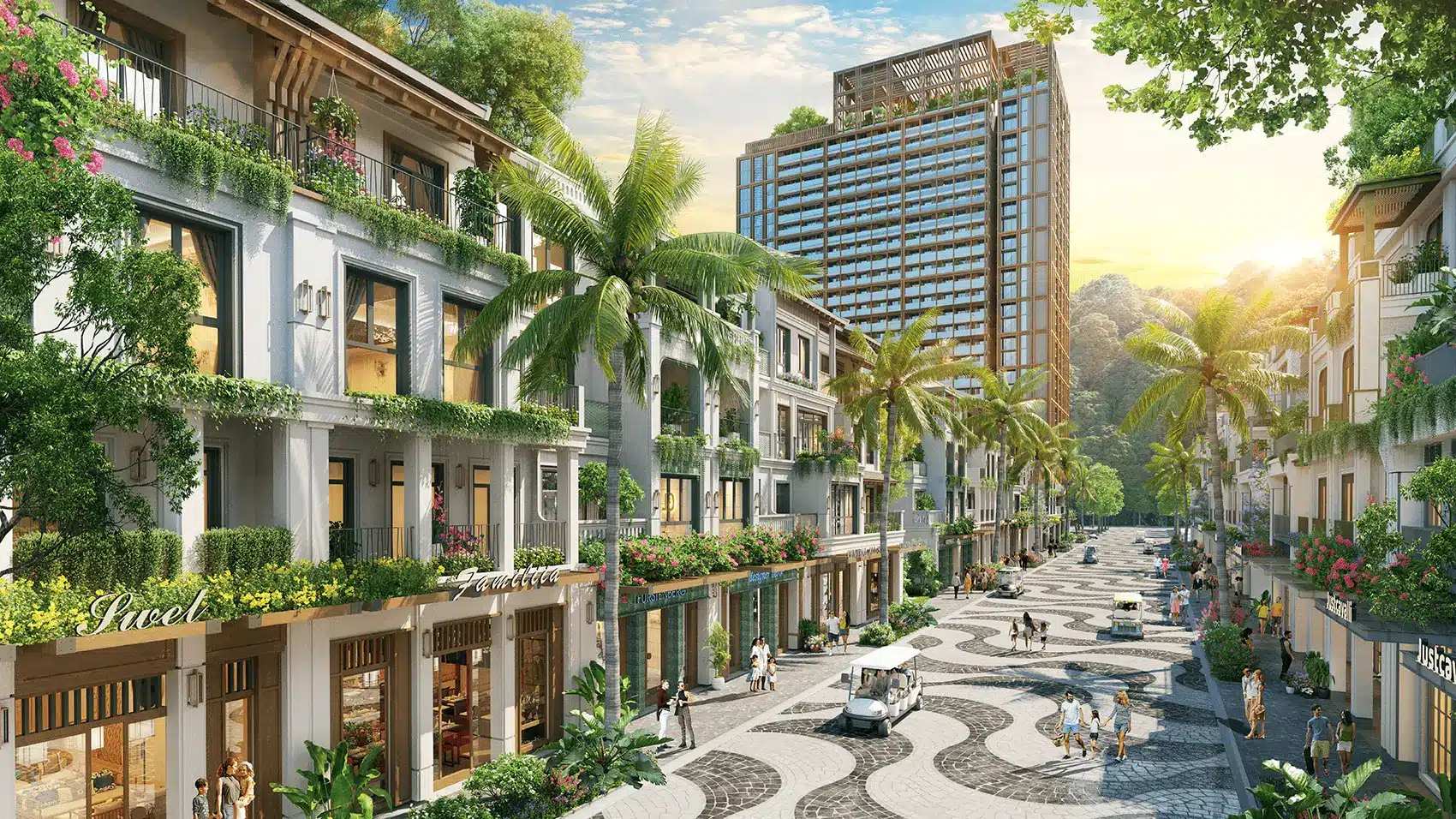 Quảng trường trung tâm và tuyến phố đi bộ sôi động tại Xanh Island Cát Bà.