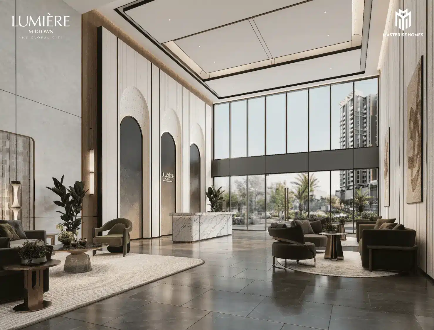 Sảnh đón sang trọng tại LUMIÈRE Midtown, hòa quyện giữa kiến trúc hiện đại và thiên nhiên.