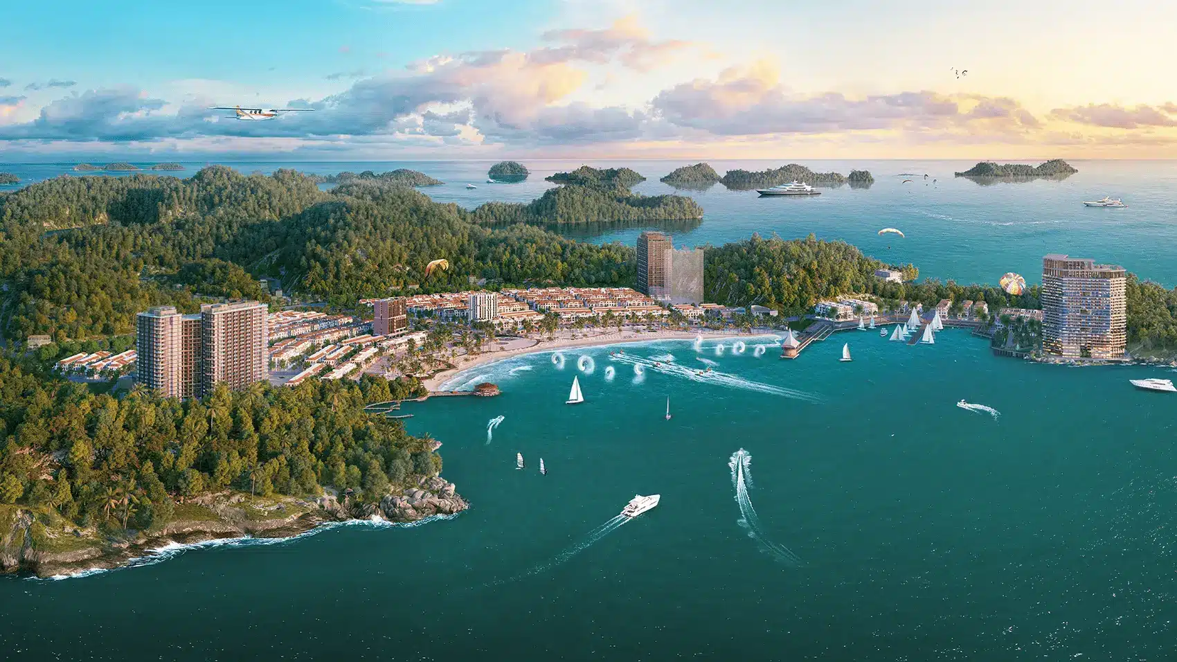 Toàn cảnh dự án Xanh Island Cát Bà, khu phức hợp du lịch và nghỉ dưỡng đẳng cấp tại Vịnh trung tâm Cát Bà.