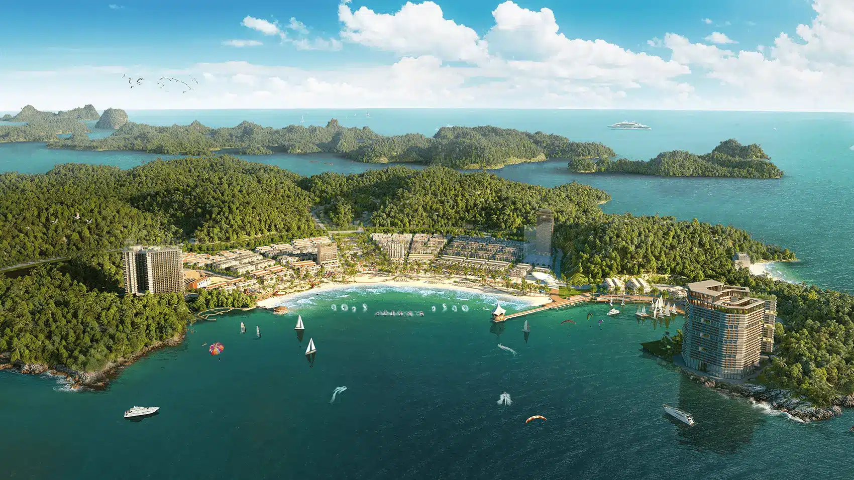 Toàn cảnh Dự án Xanh Island Cát Bà với kiến trúc độc đáo và thiên nhiên hùng vĩ.