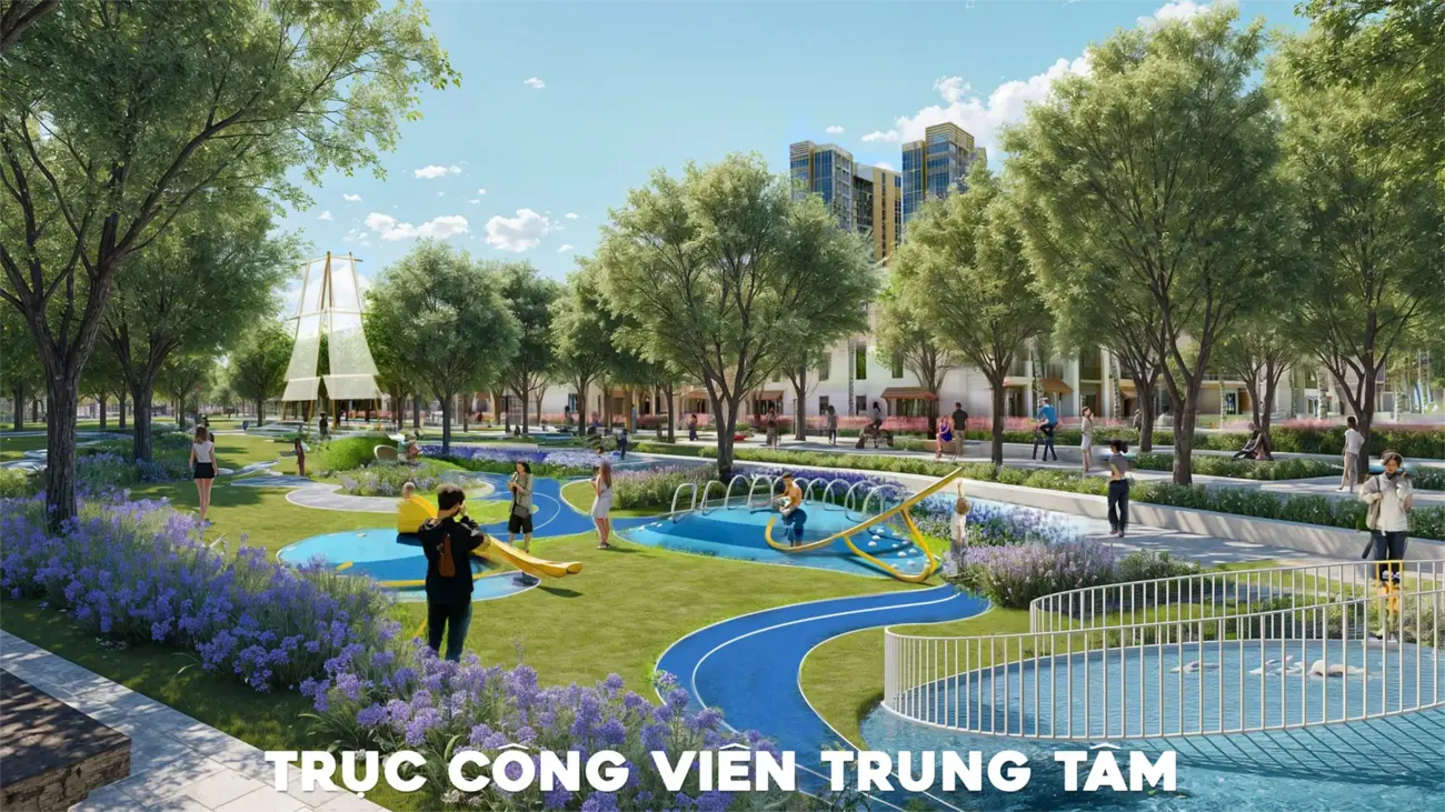 Trục công viên xanh giữa Charmora City – không gian thư giãn và giải trí cho cư dân.